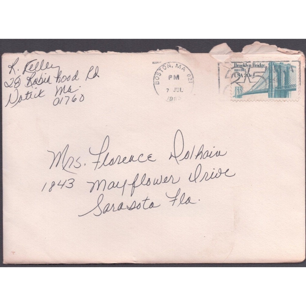Vintage 1983 Postmarked Envelope Brooklyn Bridge 20c Stamp Boston MA Natick MA